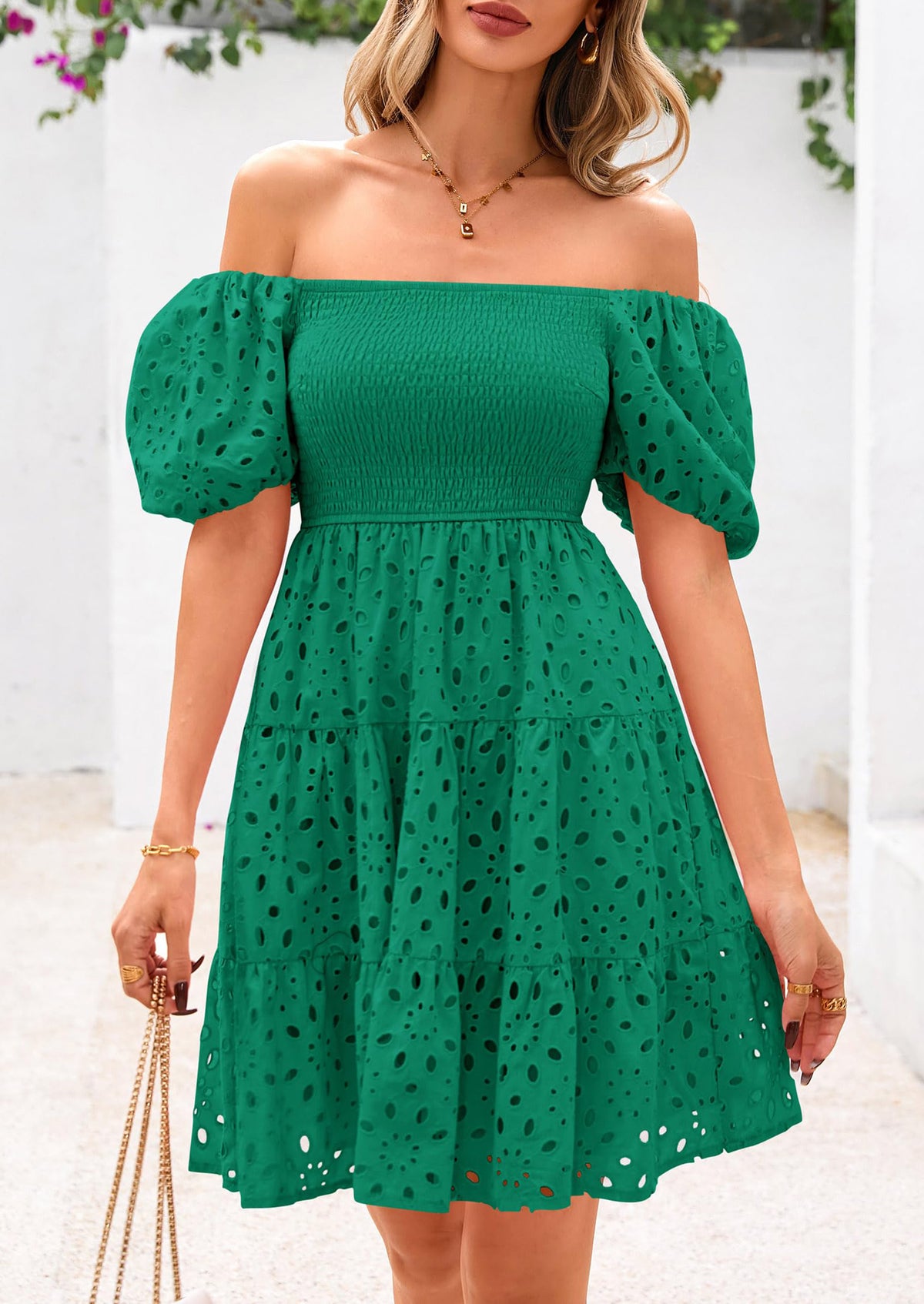 Puff Sleeve Off Shoulder Eyelet Smocked A Line Casual Babydoll Mini Dress