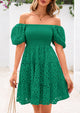 Puff Sleeve Off Shoulder Eyelet Smocked A Line Casual Babydoll Mini Dress
