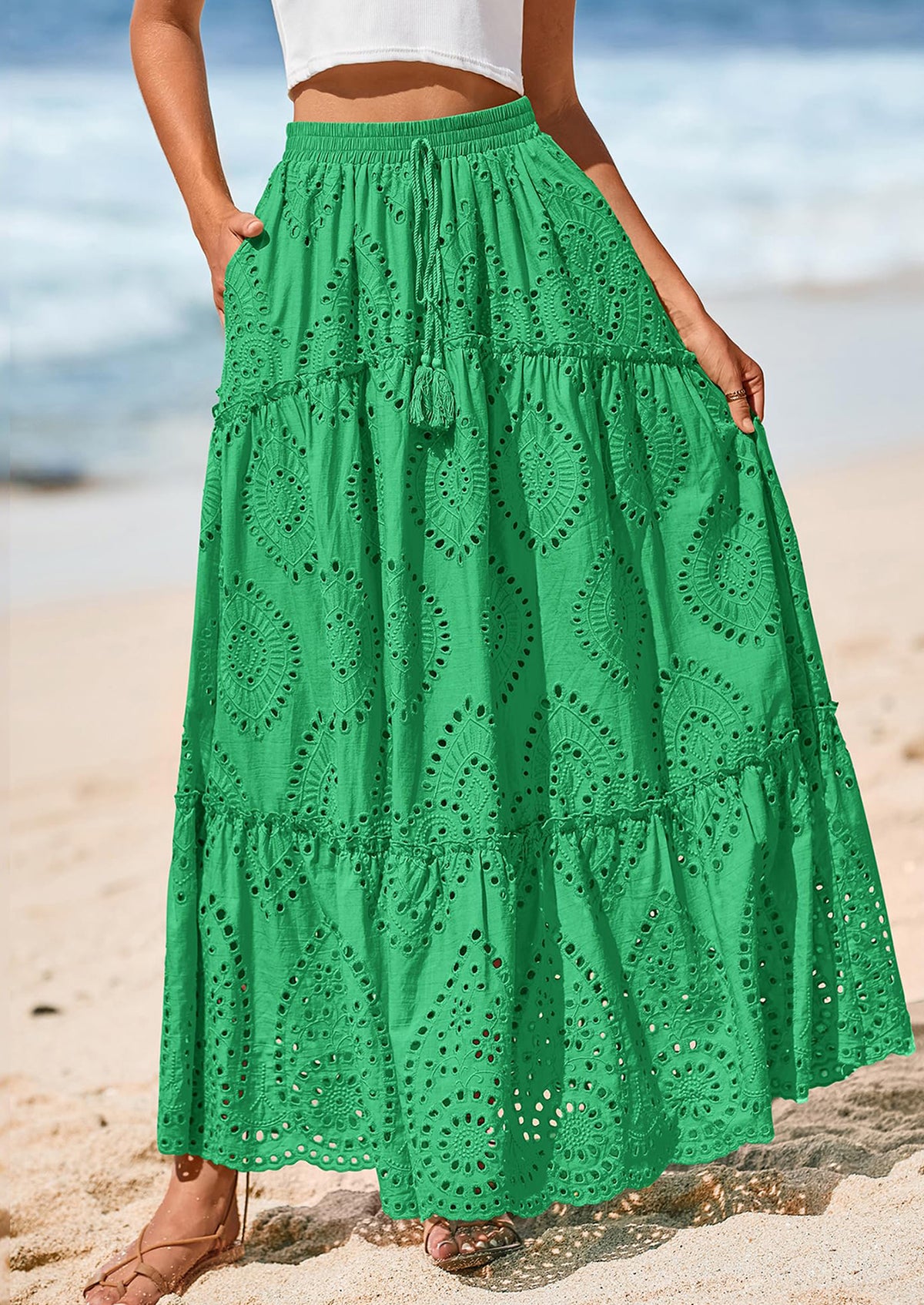 Bohemian Casual Lace Embroidered Eyelets A-Line Beach Long Dress