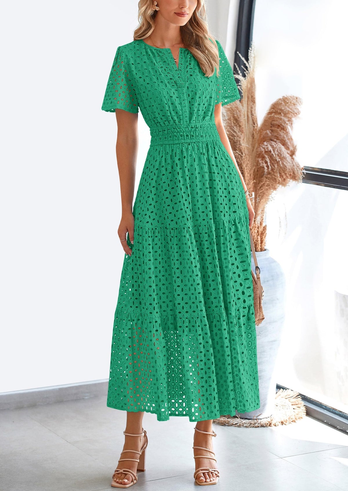 Short Sleeve V Neck Hollow Out Eyelet A Line Long Beach Maxi Dress