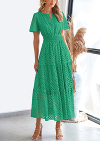 Short Sleeve V Neck Hollow Out Eyelet A Line Long Beach Maxi Dress