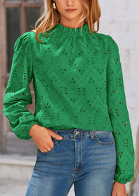 Casual Embroidered Long Puff Sleeve Ruffle Eyelet Lace Blouses