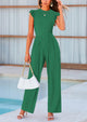 Casual Ruffle Cap Sleeves Crew Neck Rib Knit Jumpsuits