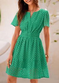 V Neck Short Sleeve A Line Hollow Out Lace Ruffle Casual Beach Party Mini Dresses