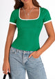 Casual Short Sleeve Ribbed Knit Square Neck Color Block Slim Fit Basic Crop T-shirts