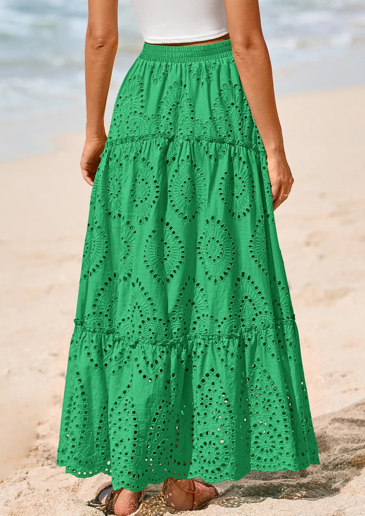 Bohemian Casual Lace Embroidered Eyelets A-Line Beach Long Dress