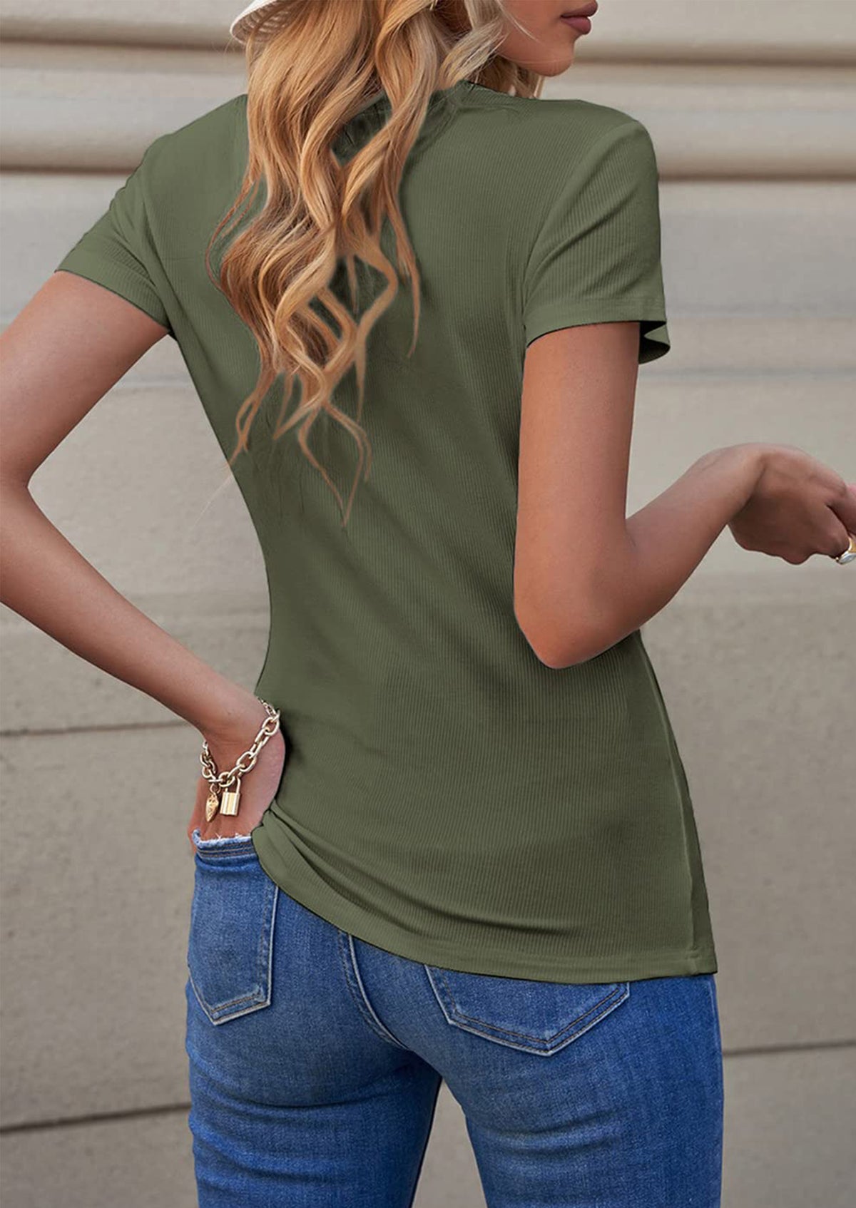 Short Sleeve V Neck Button Ribbed Knit T-shirt
