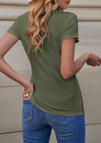 Short Sleeve V Neck Button Ribbed Knit T-shirt