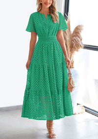 Short Sleeve V Neck Hollow Out Eyelet A Line Long Beach Maxi Dress