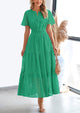 Short Sleeve V Neck Hollow Out Eyelet A Line Long Beach Maxi Dress