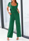 PRETTYGARDEN Casual Short Sleeve Square Neck Wide Leg Jumpsuit Rompers