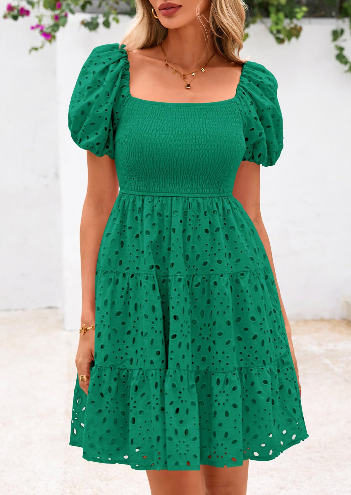 Puff Sleeve Off Shoulder Eyelet Smocked A Line Casual Babydoll Mini Dress