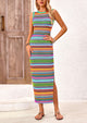 Sleeveless Crew Neck Striped Side Slit Bodycon Casual Maxi Dresses