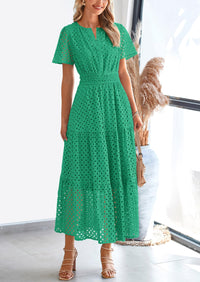 Short Sleeve V Neck Hollow Out Eyelet A Line Long Beach Maxi Dress