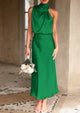 Satin sleeveless stand up collar party long dress