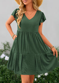 Casual Cap Sleeve V Neck Tiered Ruffle Swing A Line Dresses