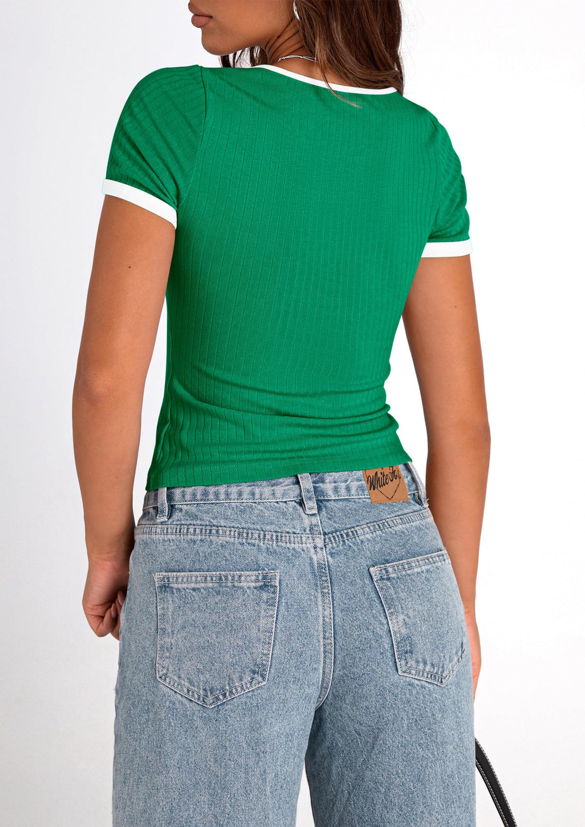 Casual Short Sleeve Ribbed Knit Square Neck Color Block Slim Fit Basic Crop T-shirts
