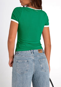 Casual Short Sleeve Ribbed Knit Square Neck Color Block Slim Fit Basic Crop T-shirts