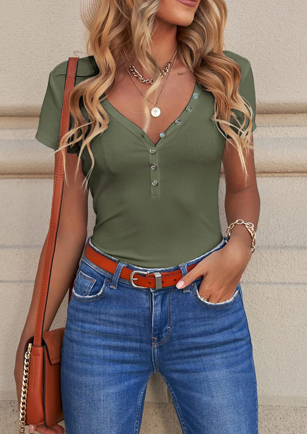 Short Sleeve V Neck Button Ribbed Knit T-shirt