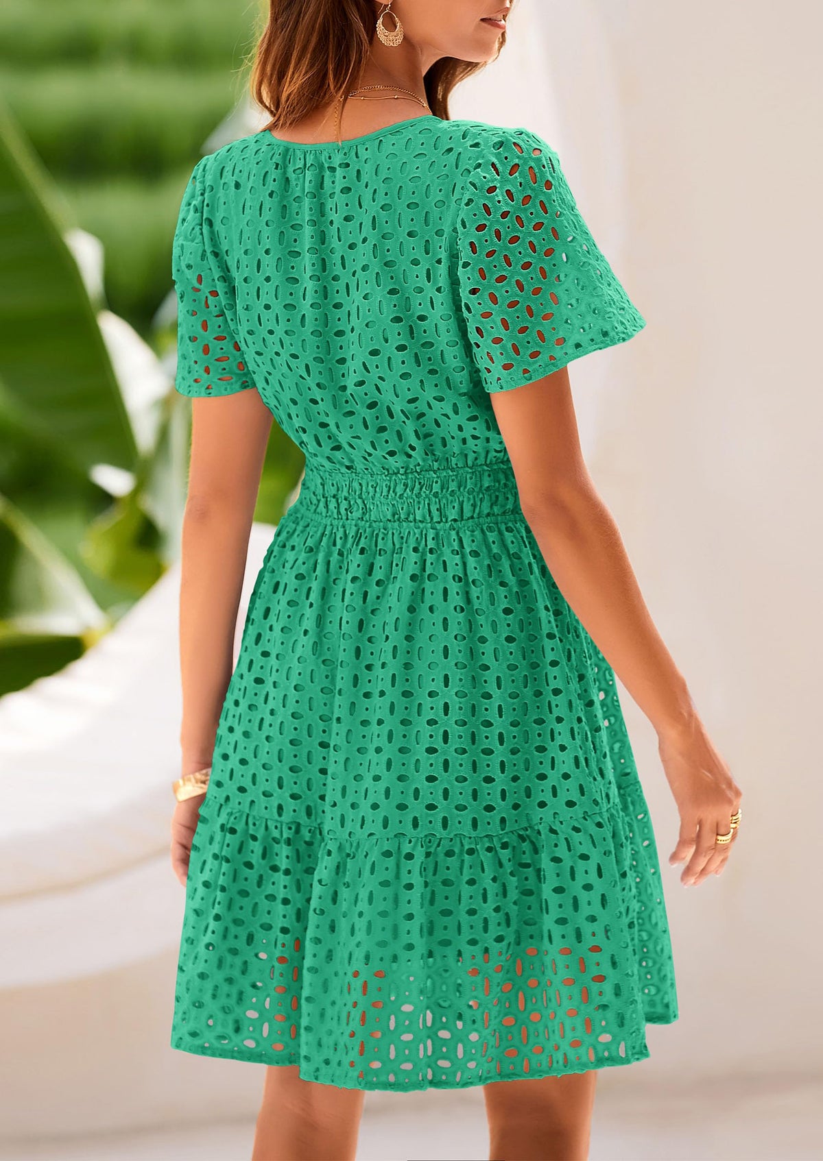 V Neck Short Sleeve A Line Hollow Out Lace Ruffle Casual Beach Party Mini Dresses