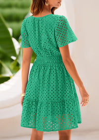 V Neck Short Sleeve A Line Hollow Out Lace Ruffle Casual Beach Party Mini Dresses