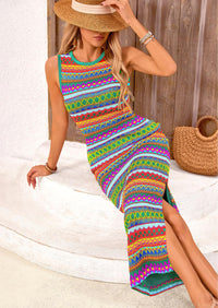 Sleeveless Crew Neck Striped Side Slit Bodycon Casual Maxi Dresses
