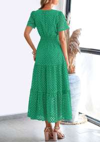 Short Sleeve V Neck Hollow Out Eyelet A Line Long Beach Maxi Dress