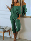 PRETTYGARDEN Women's 2 Piece Ribbed Tracksuit Outfits Off Shoulder Long Sleeve Pullover Lounge Pants with Pockets