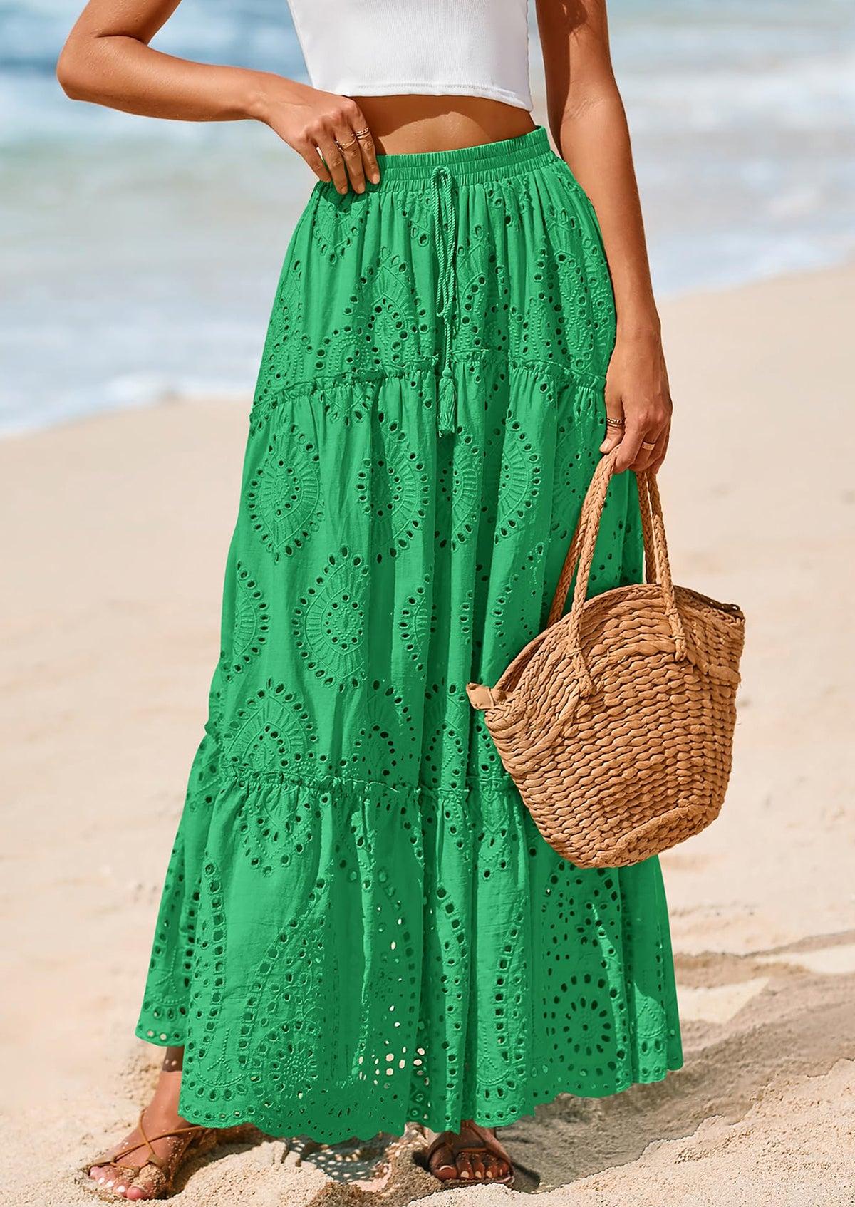 Bohemian Casual Lace Embroidered Eyelets A-Line Beach Long Dress