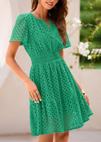 V Neck Short Sleeve A Line Hollow Out Lace Ruffle Casual Beach Party Mini Dresses