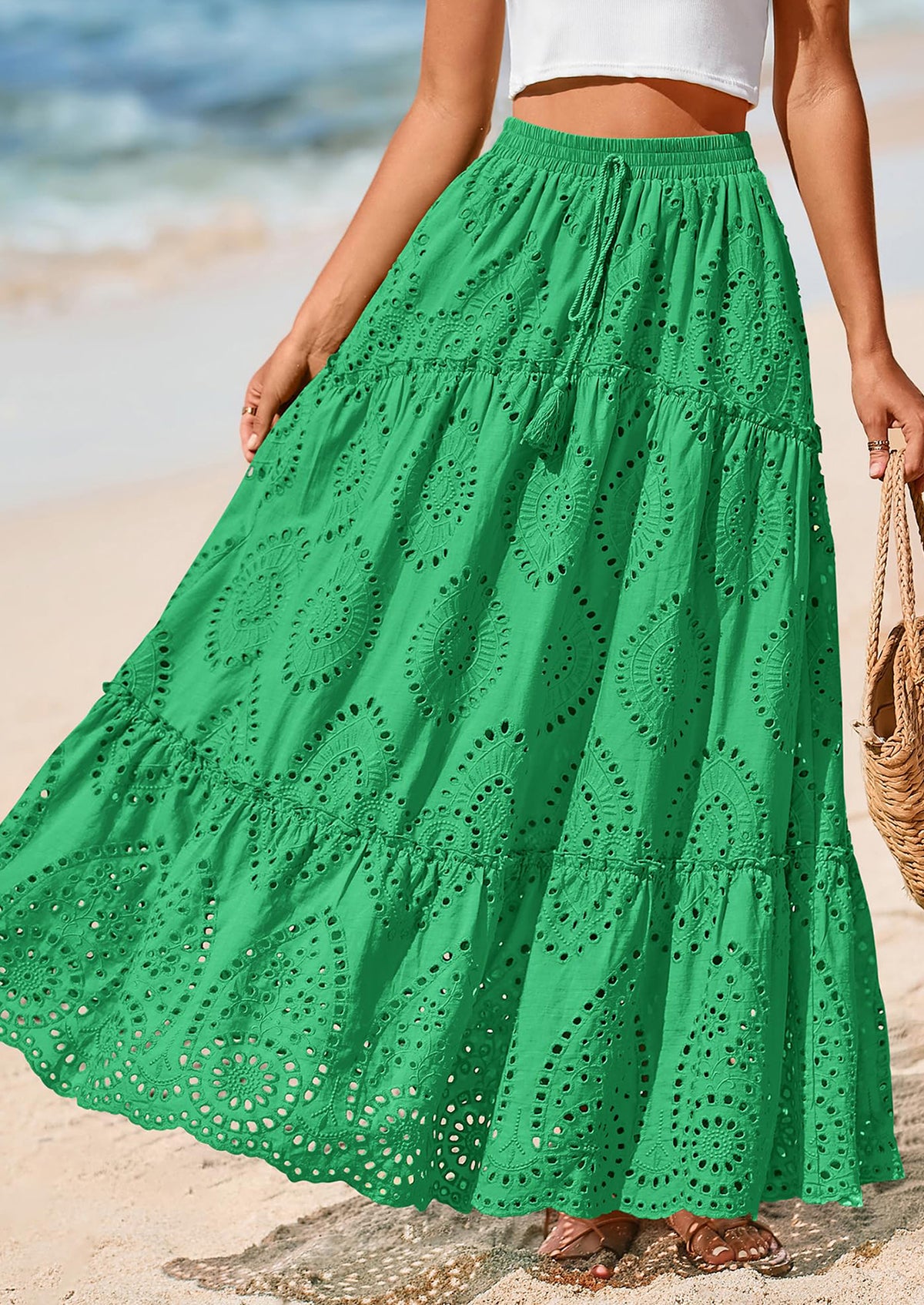 Bohemian Casual Lace Embroidered Eyelets A-Line Beach Long Dress