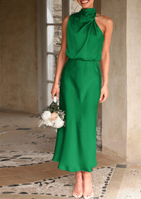 Satin sleeveless stand up collar party long dress