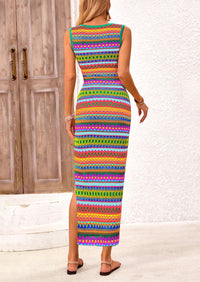 Sleeveless Crew Neck Striped Side Slit Bodycon Casual Maxi Dresses