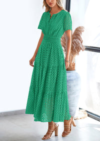 Short Sleeve V Neck Hollow Out Eyelet A Line Long Beach Maxi Dress
