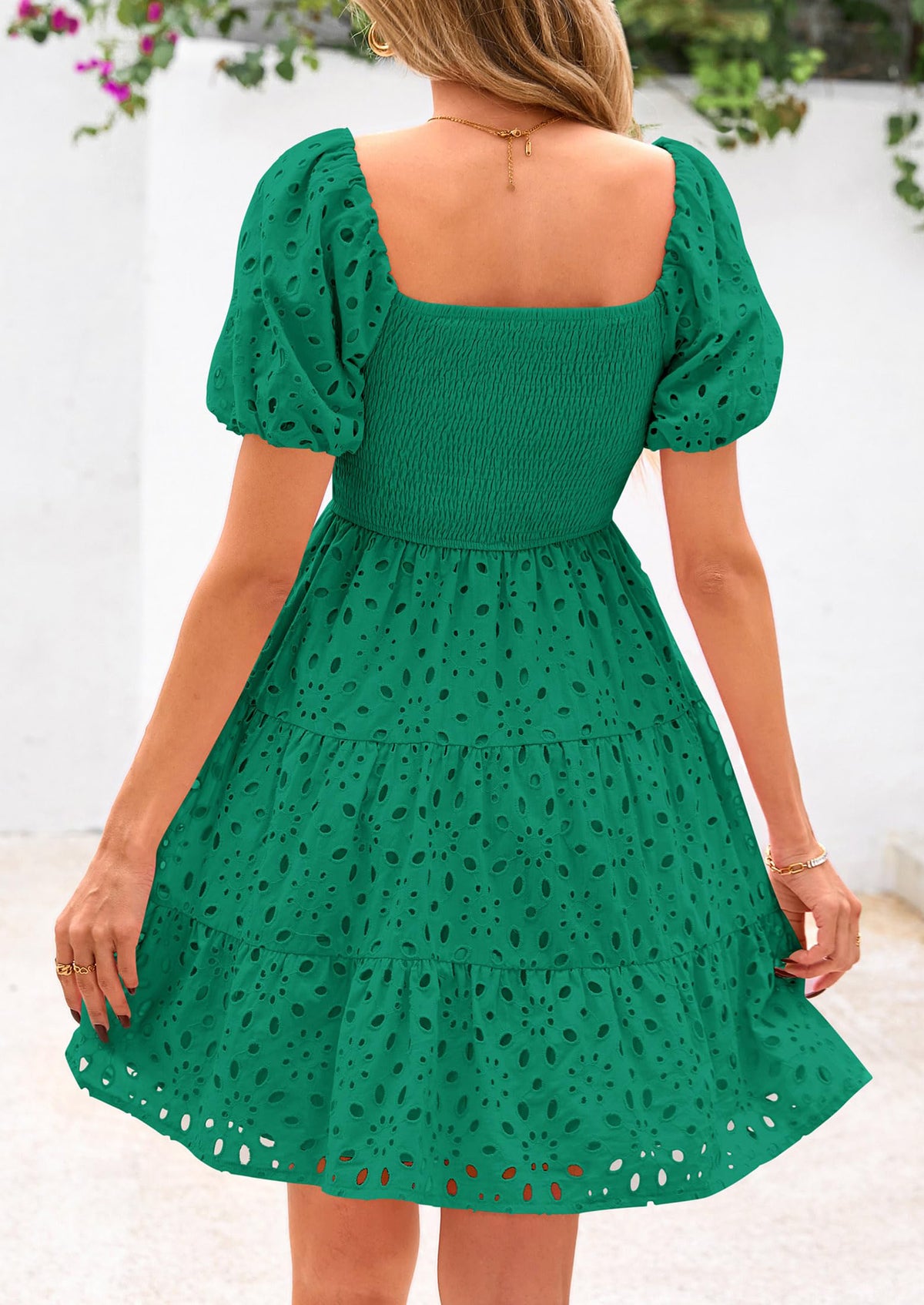 Puff Sleeve Off Shoulder Eyelet Smocked A Line Casual Babydoll Mini Dress