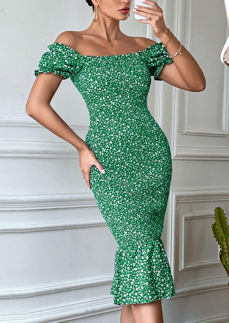 PRETTYGARDEN Bodycon Midi Dresses Summer Floral Puff Sleeve Mermaid Cocktail Baby Shower Photoshoot Maternity Dress