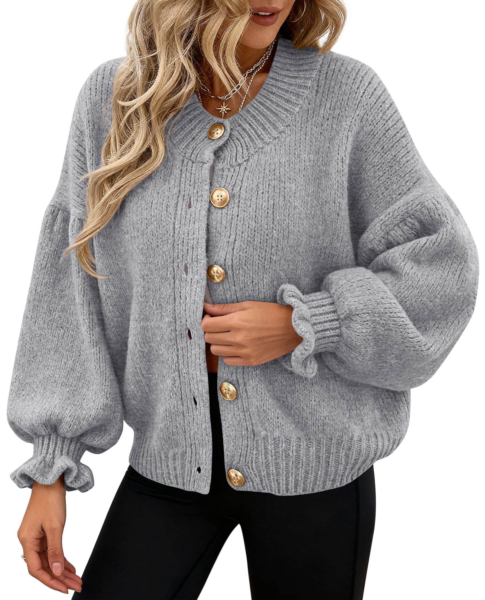 PRETTYGARDEN Womens Cropped Cardigans Trendy PRETTYGARDEN Long Sleeve Cropped Sweaters for Women Ruffle Oversized CardiganRuffle Open Front Chunky Knit Sweater Oversized Button Down Fall Clothes PRETTYGARDEN