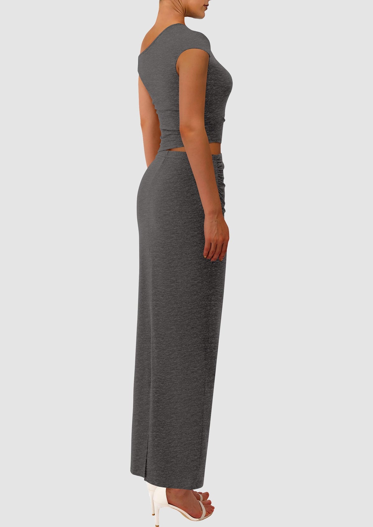 One Shoulder Sleeveless Ruched Slit Bodycon Two Piece Skirt Set