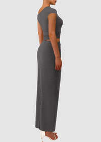One Shoulder Sleeveless Ruched Slit Bodycon Two Piece Skirt Set