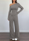 PRETTYGARDEN Casual Two Piece Sets for Women Fall Outfits Asymmetrical Off Shoulder Tops Wide Leg Pants Knit Lounge Set