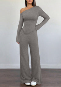 PRETTYGARDEN Casual Two Piece Sets for Women Fall Outfits Asymmetrical Off Shoulder Tops Wide Leg Pants Knit Lounge Set