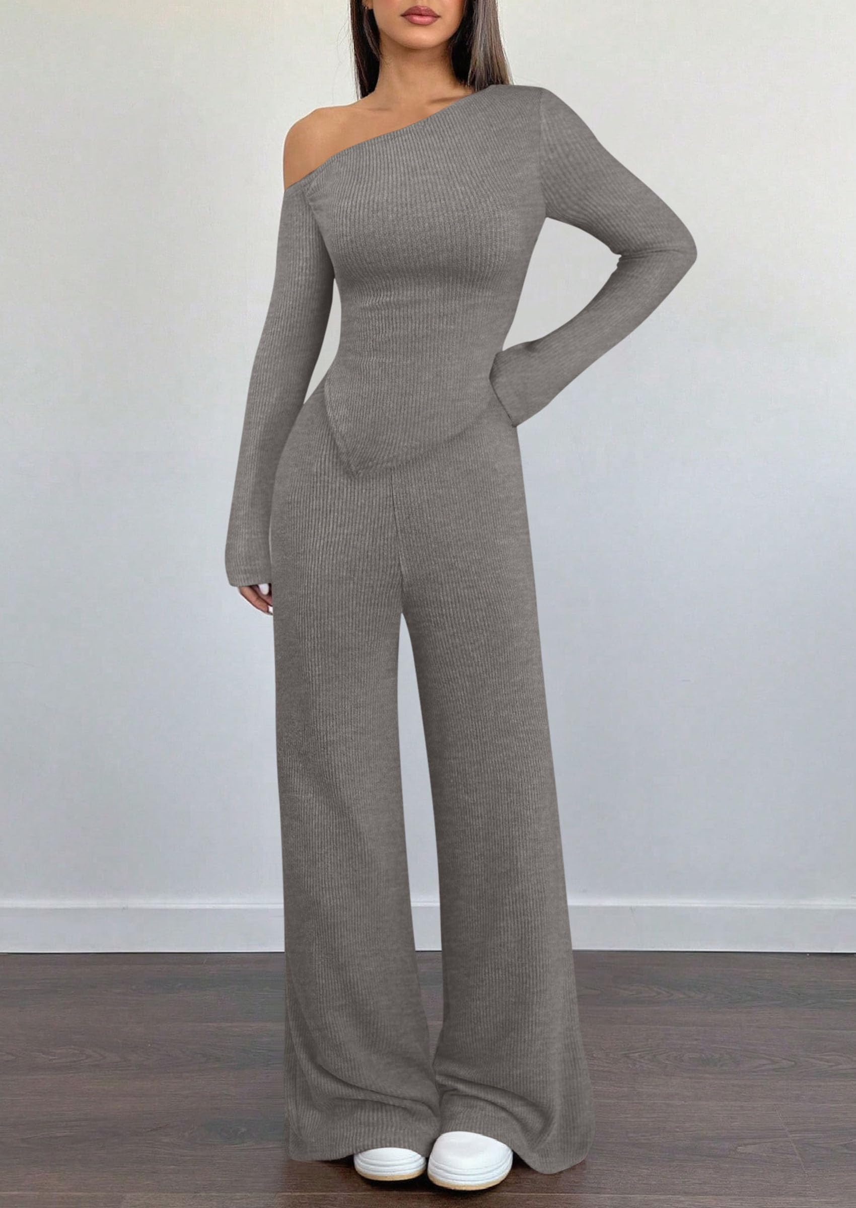 PRETTYGARDEN Casual Two Piece Sets for Women Fall Outfits Asymmetrical Off Shoulder Tops Wide Leg Pants Knit Lounge Set