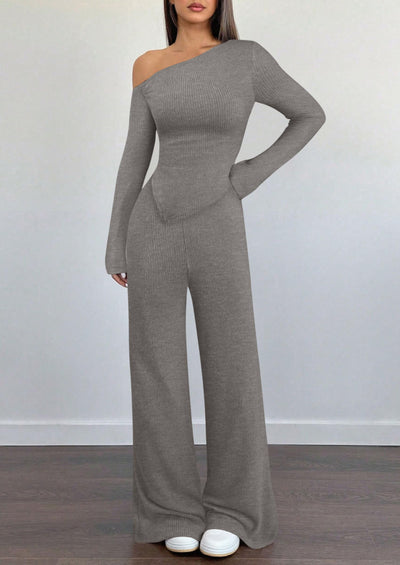 PRETTYGARDEN Casual Two Piece Sets for Women Fall Outfits Asymmetrical Off Shoulder Tops Wide Leg Pants Knit Lounge Set
