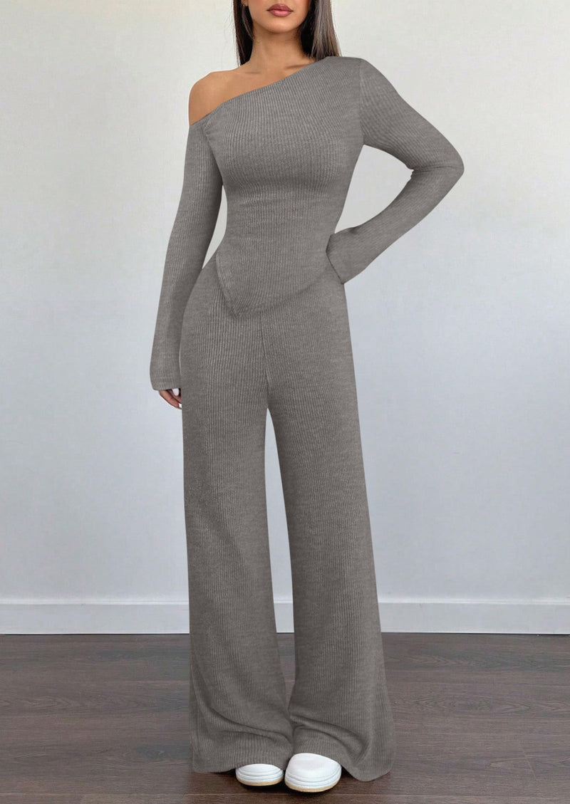 PRETTYGARDEN Casual Two Piece Sets for Women Fall Outfits Asymmetrical Off Shoulder Tops Wide Leg Pants Knit Lounge Set