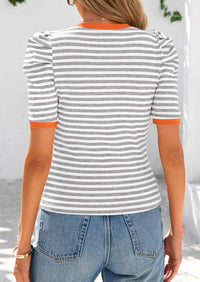 Puff Sleeve Casual Ribbed Knit Color Block Striped Pullover T-shirts