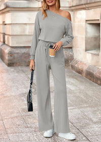 PRETTYGARDEN Long Sleeve Jumpsuit For Women Dressy Off Shoulder One Piece Loose Wide Leg Jumpsuits Casual Flowy Romper