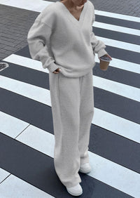 PRETTYGARDEN Casual Winter Two Piece Sets for Women V Neck Sweatshirt Loose Wide Leg Pants Tracksuit Knit Fall Outfits