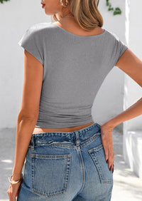 Ruched Crop Cap Sleeve Ribbed Knit Fitted Going Out T-shirts