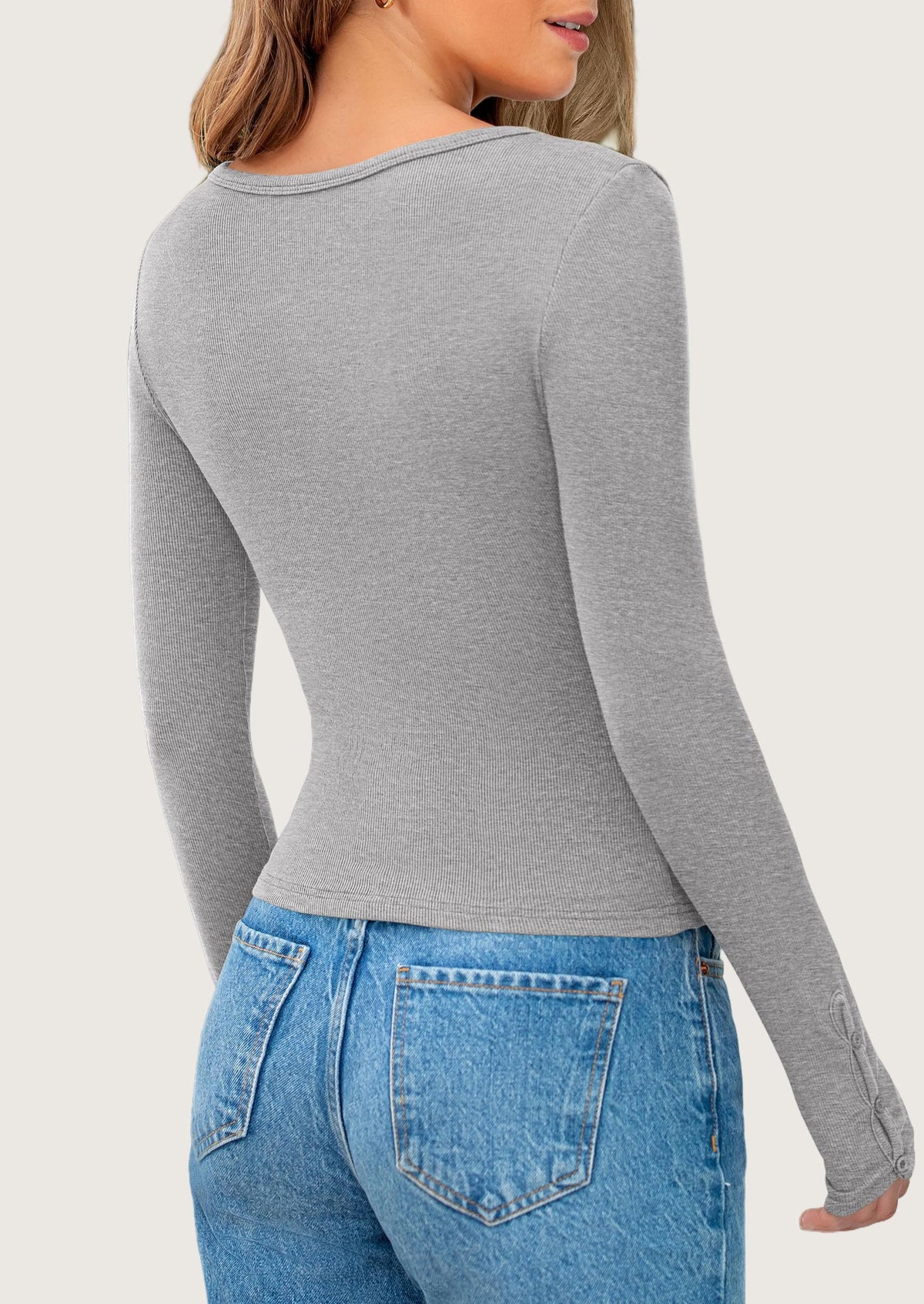Long Sleeve Henley Ribbed Knit Button Up Slim Fitted Basic Casual T-shirts