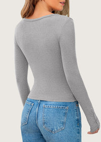 Long Sleeve Henley Ribbed Knit Button Up Slim Fitted Basic Casual T-shirts